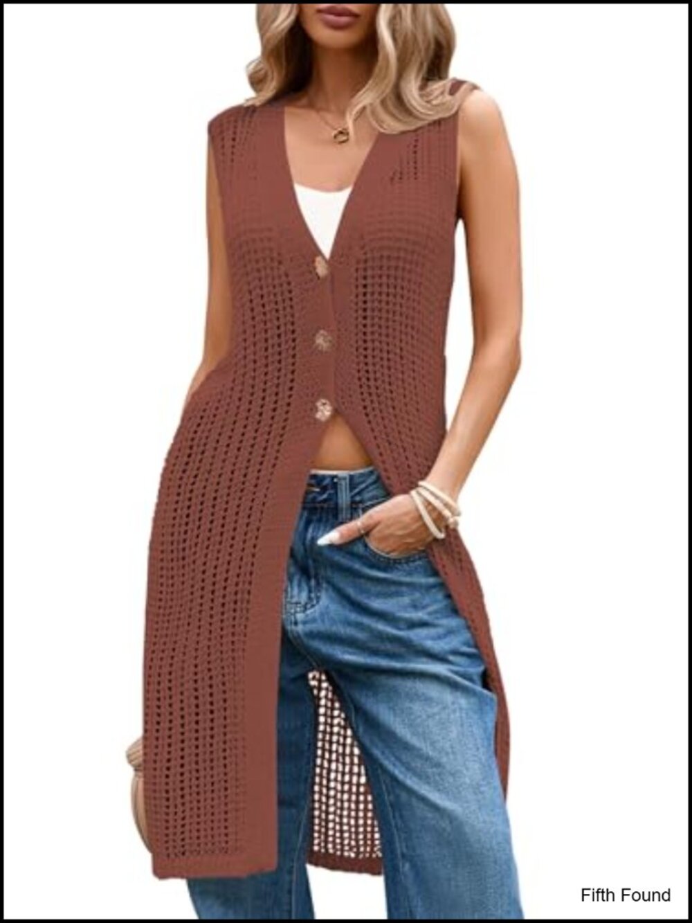 Women's Long Crochet Sleeveless Duster Cardigan Button Front Vest